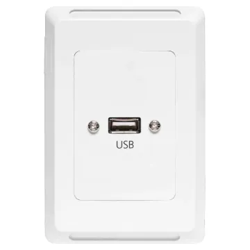 USB type A connections fitted to a Clipsal Pro Series wall plate which has been specifically designed for commercial building installations. Rear is fitted with 150mm fly lead with a USB type A socket for easy connection.