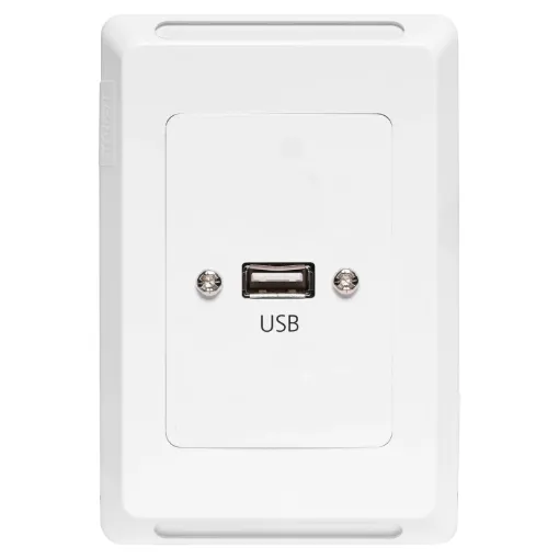 USB type A connections fitted to a Clipsal Pro Series wall plate which has been specifically designed for commercial building installations. Rear is fitted with 150mm fly lead with a USB type A socket for easy connection.