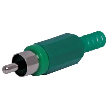 Plastic RCA line connector with strain relief. Maximum cable entry size 5mm Ø. Green.
