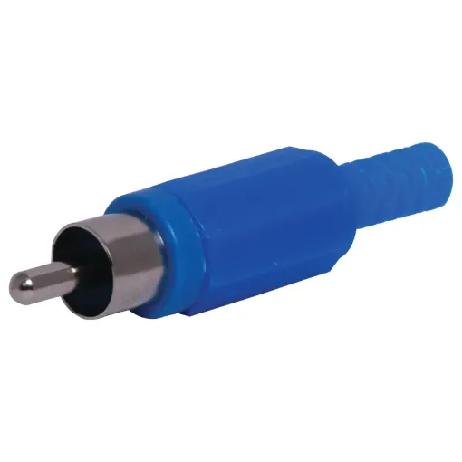 Plastic RCA line connector with strain relief. Maximum cable entry size 5mm Ø. Blue