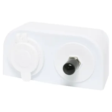 A compact dual car accessory socket and F type aerial connection