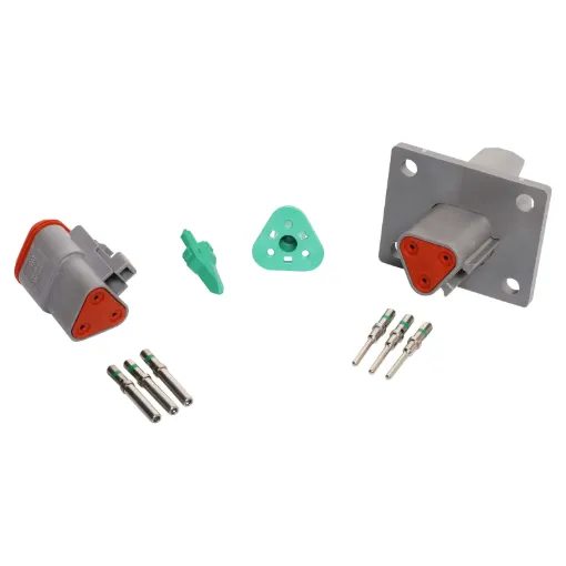 World famous Deutsch weatherproof IP68 flange mount connectors for automotive and industrial wiring.  DT3-1-L012. Genuine Deutsch brand.