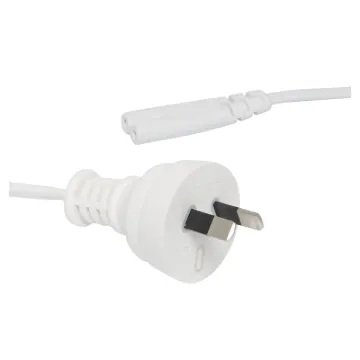 White mains appliance power cable. 2.5A 2 Pin to Figure 8 plug 1.8m. Energy Authority approved.