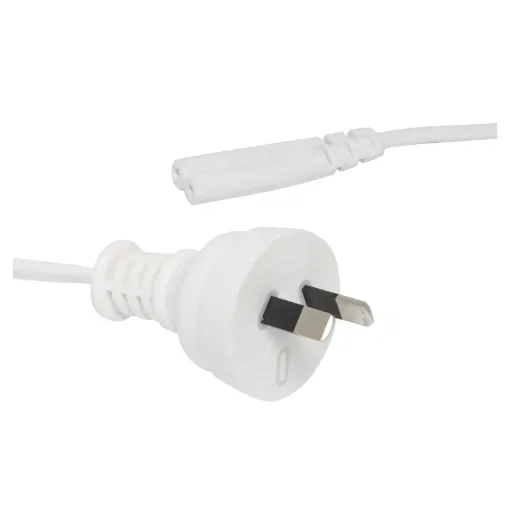 White mains appliance power cable. 2.5A 2 Pin to Figure 8 plug 1.8m. Energy Authority approved.