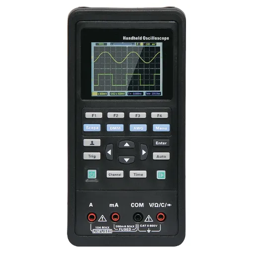 The ultimate field testing accessory combining an digital storage oscilloscope and digital multimeter. It features 2 channels with real time sampling modes of 125MSa/s per channel (or 250MSa/s when used in single channel mode). 64K colour screen provides a clear view.