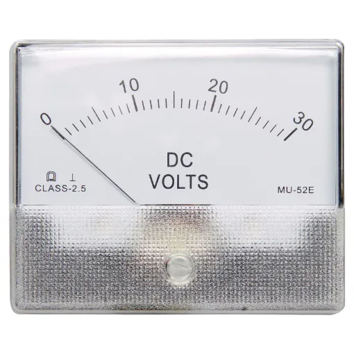 Quality Class 2.5 MU 52 EOverall dimensions 80W x 66H. Bolt mounting centres 64W x 48H. 52mm hole required. Connections via threaded nut inserts on rear panel. Nuts and washers provided.
FSD: 30V
Resistance:  29.4k ohm