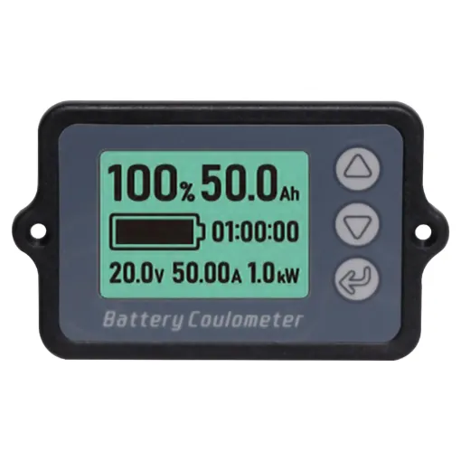 A compact backlit battery "fuel gauge" with high precision current measurement.