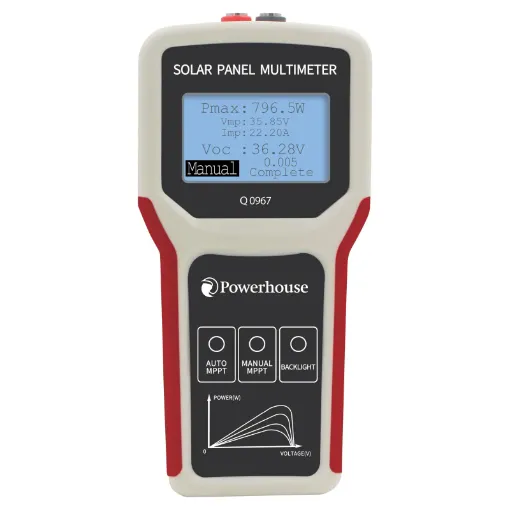 Designed for measuring voltage, current and power of connected PV solar panels up to 800W. This meter provides instant feedback on PV system operation and allows optimal placement of solar panels for maximum energy conversion.