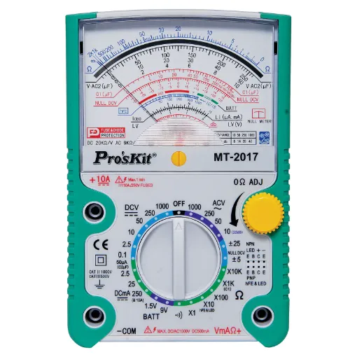 This quality analogue multimeter is ideal for observing constantly varying quantities such as cycling voltages or speaker resonance testing.  It has 20kO/Volt sensitivity with a colour scale and mirrored arc for parallax error reduction.