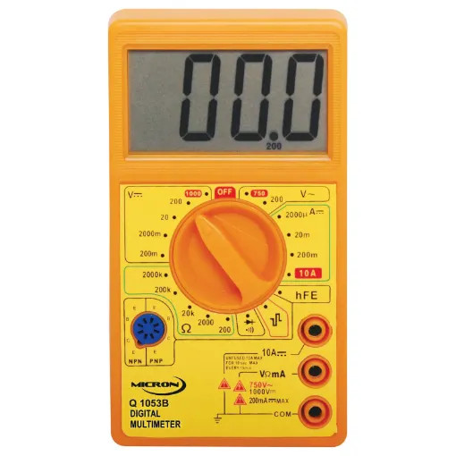 This compact, affordable digital multimeter features 19 ranges, square wave output, continuity buzzer, in-built hFE transistor and diode test function.