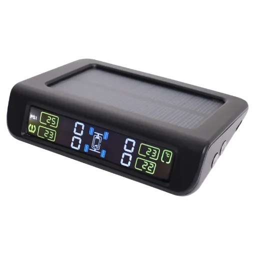 This wireless monitoring system displays tyre pressure and temperature for your vehicle or trailer. The wireless sensors screw onto the valve stems of your tyres and transmit back to the solar powered dash monitor.