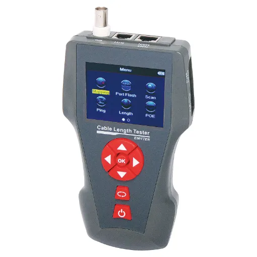 This comprehensive cable testing kit consists of three units. The main tester with 2.8" LCD screen, cable "sniffer" receiving unit and 8 remote identifiers. It is capable of measuring cable length, tracing cable location, continuity testing, PoE and Ping testing. It can be used with LAN, telephone cabling.