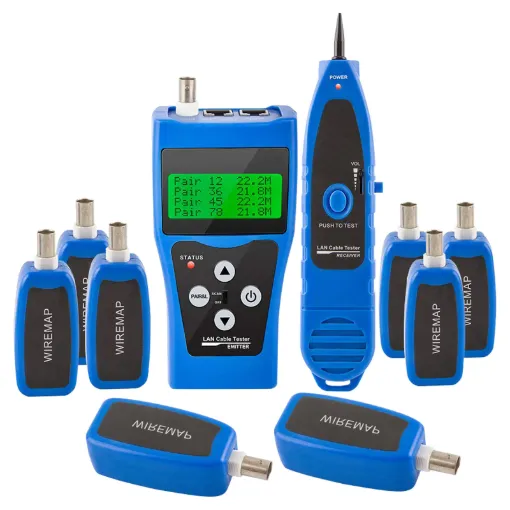 This comprehensive cable testing kit consists of three units. The main tester with 4 x 16 character screen, cable ‘sniffer’ receiving unit and 8 remote identifiers.