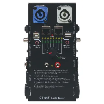 Compatible with 3.5mm jack, 6.35mm jack, 3/5/7/8 pin DIN, RCA, 3/5 pin XLR, 4P Speakon, Powercon, banana plugs, RJ45 and USB. A quick and easy way to confirm lead integrity.