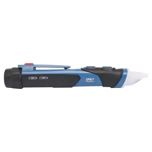 A trade quality waterproof non contact detector designed for AC detection. It detects live AC voltages from 100V to 1000V (50-60Hz), plus a low voltage range for 12V to 100V AC. Easy operation allows detection of live wires without contact. Whenever AC is detected at a power point, sheathed or bare ended cable, the tester will light up red.