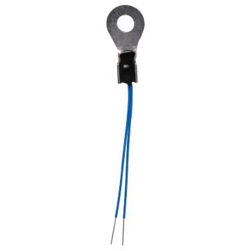 NTC type. As temperature increases, the resistance of the thermistor decreases. Commonly used in audio amplifiers to prevent thermal runaway. Epoxy encapsulated lug with M3 mounting hole for direct heatsink mounting.  25mm fly lead.