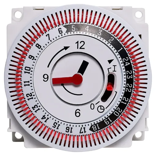 24 hour 240V mains operated ON/OFF timer. ON periods are set manually with the 15 minute increment
tabs. Timer may be manually selected ON or OFF regardless of set time periods. Not suitable for use in direct sunlight. 6.3mm spade connections.