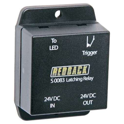 This latching relay box offers a compact solution to switching high current circuitry on and off using a low current momentary switch.
