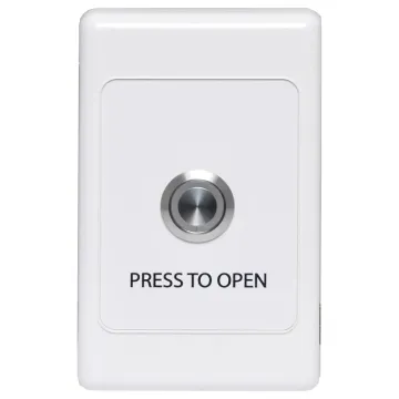 Standard white electrical wallplate fitted with an S0956 blue illuminated metal momentary pushbutton switch.