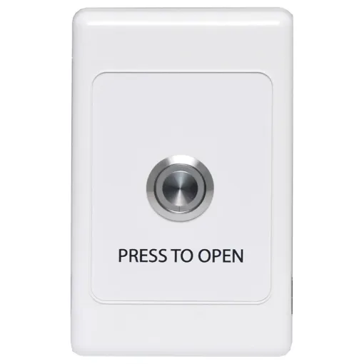 Standard white electrical wallplate fitted with an S0956 blue illuminated metal momentary pushbutton switch.