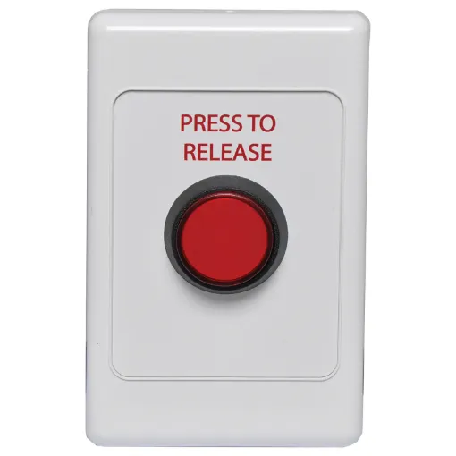 Standard electrical wallplate fitted with an S0920 red illuminated press release switch.