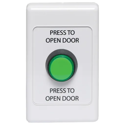 Standard electrical wallplate fitted with an S0921 green LED illuminated momentary pushbutton switch.