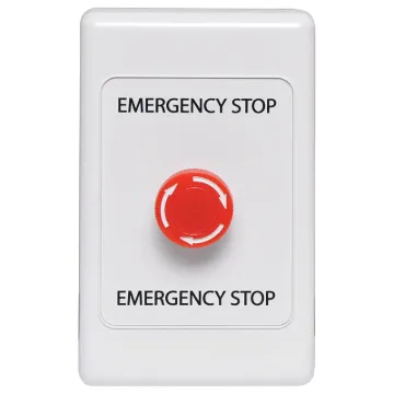 Alternate action latches in off position. Rotating the spring loaded actuator clockwise allows circuit to reconnect.