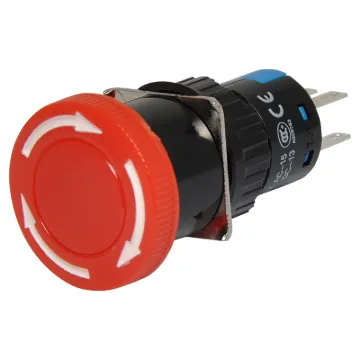 Alternate action latches in off position. Rotating the spring loaded actuator clockwise allows circuit to reconnect.