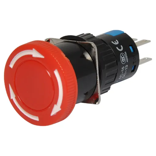 Alternate action latches in off position. Rotating the spring loaded actuator clockwise allows circuit to reconnect.