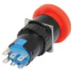 Alternate action latches in off position. Rotating the spring loaded actuator clockwise allows circuit to reconnect.