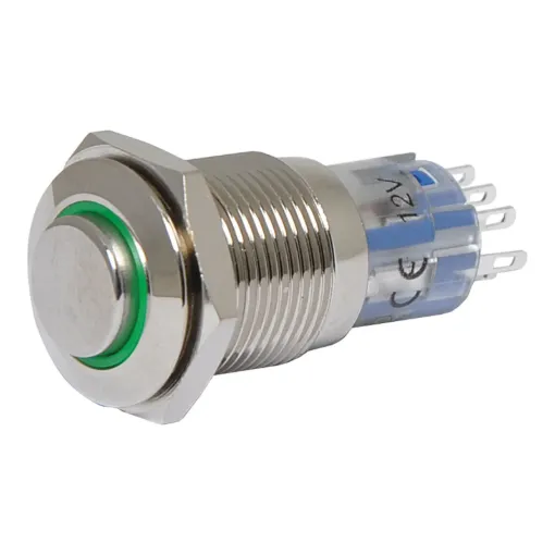 DPDT alternate LED green solder tail push button switch.