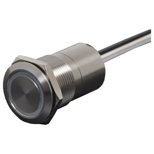 Touch activated dual colour (red, green) LED switch for ticket machines, kiosks, access control etc. IP67 rated. 30cm fly lead connection. A touch action.