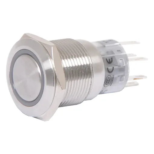 Heavy duty vandal resistant switch for indoor/ sheltered outdoor use eg carparks, building entrances. Features an addressable RGB LED for virtually any colour illumination! 19mm mounting hole.