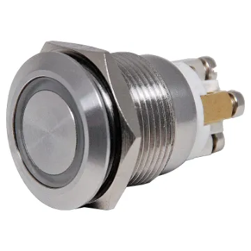 Heavy duty vandal resistant switch for indoor/ sheltered outdoor use eg carparks, building entrances. Momentary action. Red/Blue LED ring. 