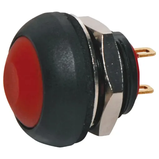 Contact rating: 125mA @ 125V AC
Contact res.: 50mΩ max.
Insulation res.: 1GΩ min @ 500V DC
Dialectric strength: 1000V AC 1 minute
Electrical life: 500,000 cycles

SPST Momentary with Red pushbutton actuator.