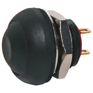 Contact rating: 125mA @ 125V AC
Contact res.: 50mΩ max.
Insulation res.: 1GΩ min @ 500V DC
Dialectric strength: 1000V AC 1 minute
Electrical life: 500,000 cycles

SPST Momentary with Black pushbutton actuator.