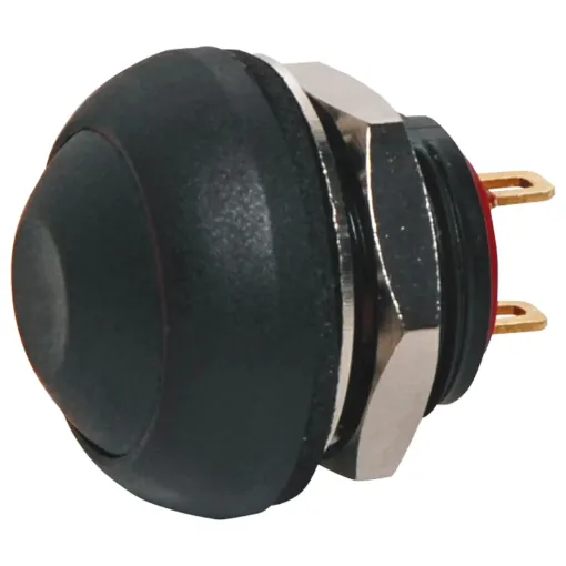 Contact rating: 125mA @ 125V AC
Contact res.: 50mΩ max.
Insulation res.: 1GΩ min @ 500V DC
Dialectric strength: 1000V AC 1 minute
Electrical life: 500,000 cycles

SPST Momentary with Black pushbutton actuator.