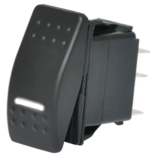 Switch type: Rocker switch, DPST
Contact rating:	10A @ 250V ac / 24V dc
Neon:	White, 12/24V dc
Electrical life: 	20,000 cycles
Panel thickness:	4mm
Mechanical life:	50,000 cycles
Contact resistance:	<50mΩ
Insulation resistance:	>100MΩ
Dielectric strength:	>1500V ac 1 minute