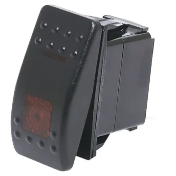 A marine/boat style flat rocker switch suitable for use in 12V DC or 24V DC power systems. Red illumination.