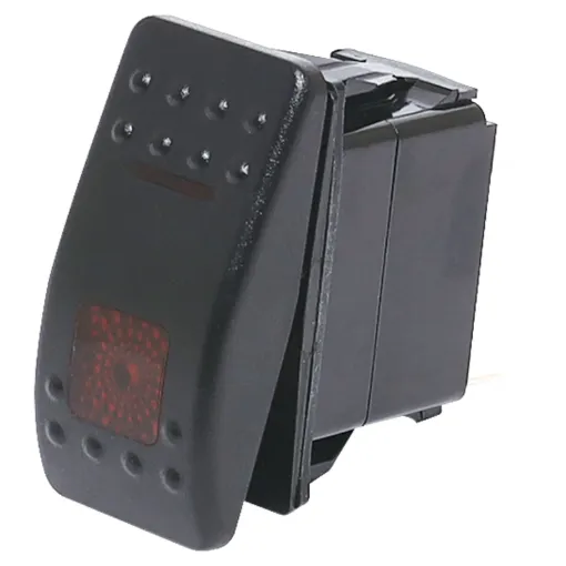 A marine/boat style flat rocker switch suitable for use in 12V DC or 24V DC power systems. Red illumination.