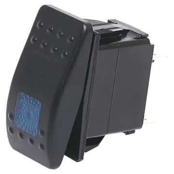 A marine/boat style flat rocker switch suitable for use in 12V DC or 24V DC power systems. Blue illumination.