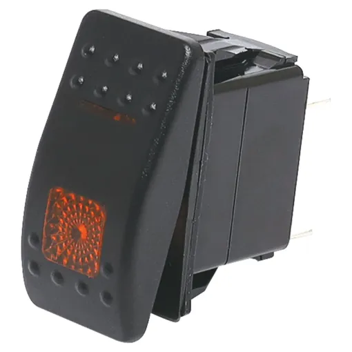 A marine/boat style flat rocker switch suitable for use in 12V DC or 24V DC power systems. Orange illumination.