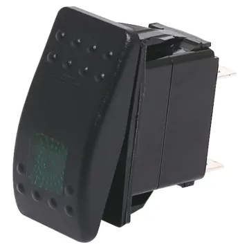 A marine/boat style flat rocker switch suitable for use in 12V DC or 24V DC power systems. Green illumination.