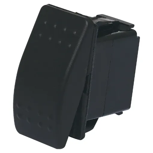 A marine/boat style flat rocker switch suitable for use in 12V DC or 24V DC power systems.