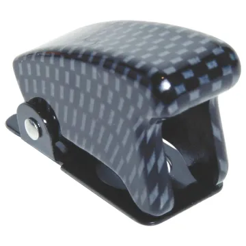 A missile switch cover for toggle switches. Prevents accidental activation. Great for race cars. Cover turns switch off when snapped down.
Carbon fibre look. To suit S1040/42/50/52 switches.