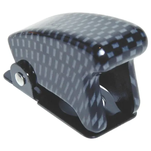 A missile switch cover for toggle switches. Prevents accidental activation. Great for race cars. Cover turns switch off when snapped down.
Carbon fibre look. To suit S1040/42/50/52 switches.