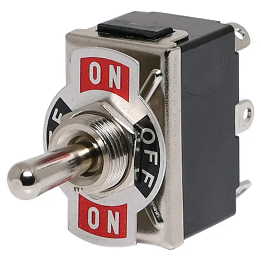 DPDT switch with On-Off-Mom On plate. Locks on in both directions. With metal actuator.