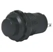Low profile black push button switch with solder tail connection.