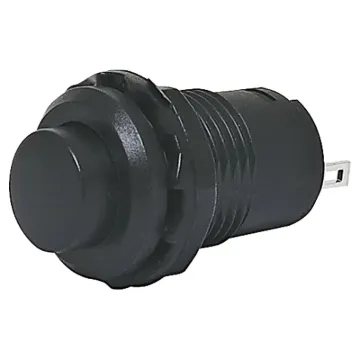Low profile black push button switch with solder tail connection.