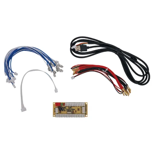 A handy USB interface board for connection to a S 1147 joystick and up to 12 arcade buttons. It connects into any device that supports a USB joystick. Includes pre-terminated interface leads with 6.3mm spade plugs.  35x85mm board size.